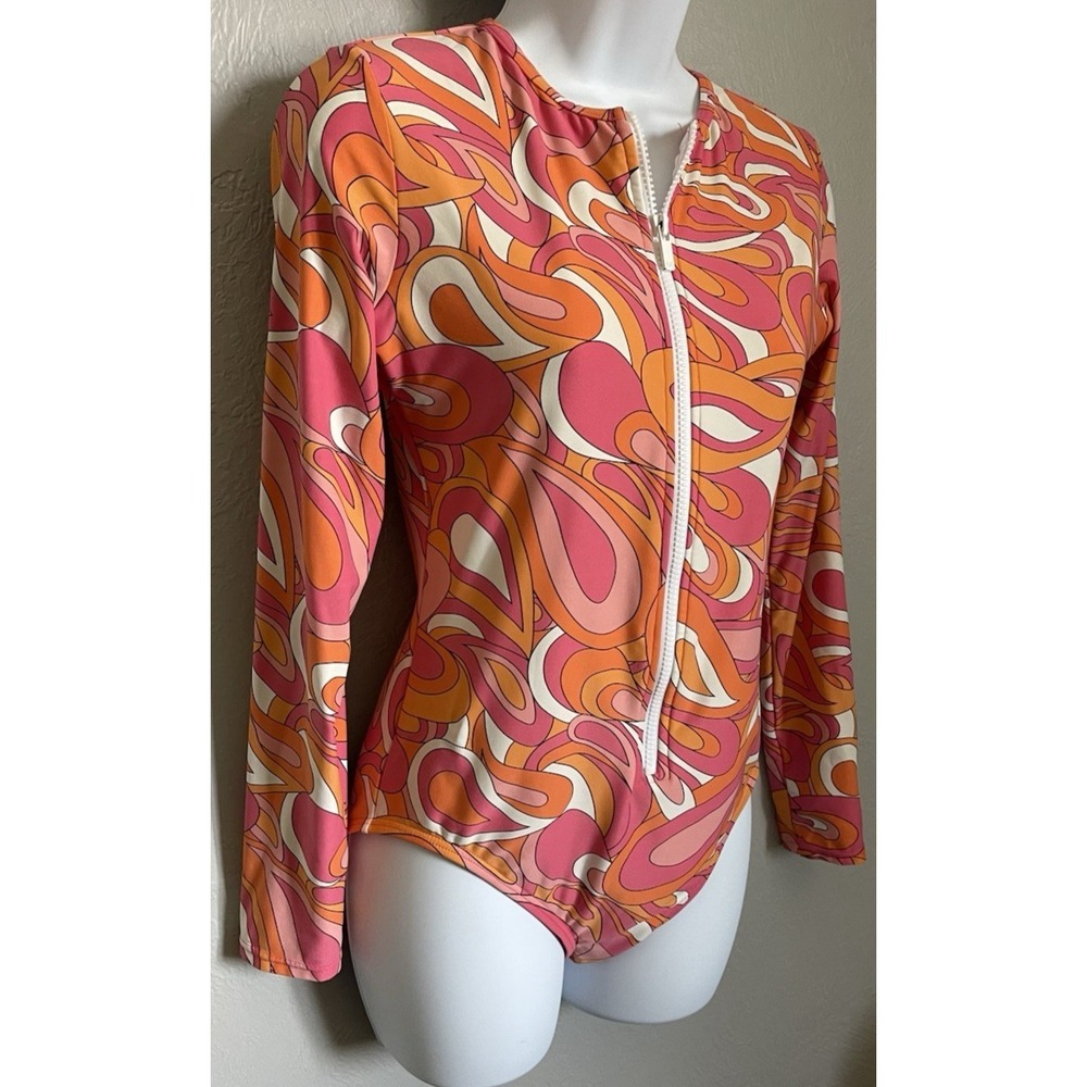 Michael Kors Front Zip Long Sleeve One Piece Swimsuit Women 12 Retro Pink Orange - Picture 2 of 9